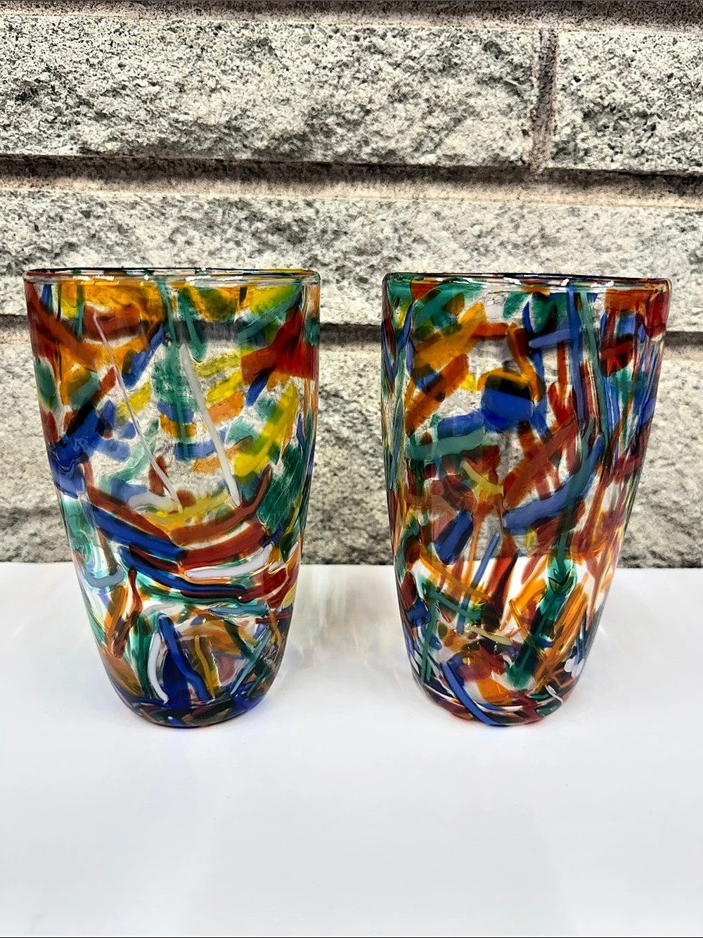 Hand-Blown Multicolor Art Glass Tumbler Vase – Confetti Cane Design